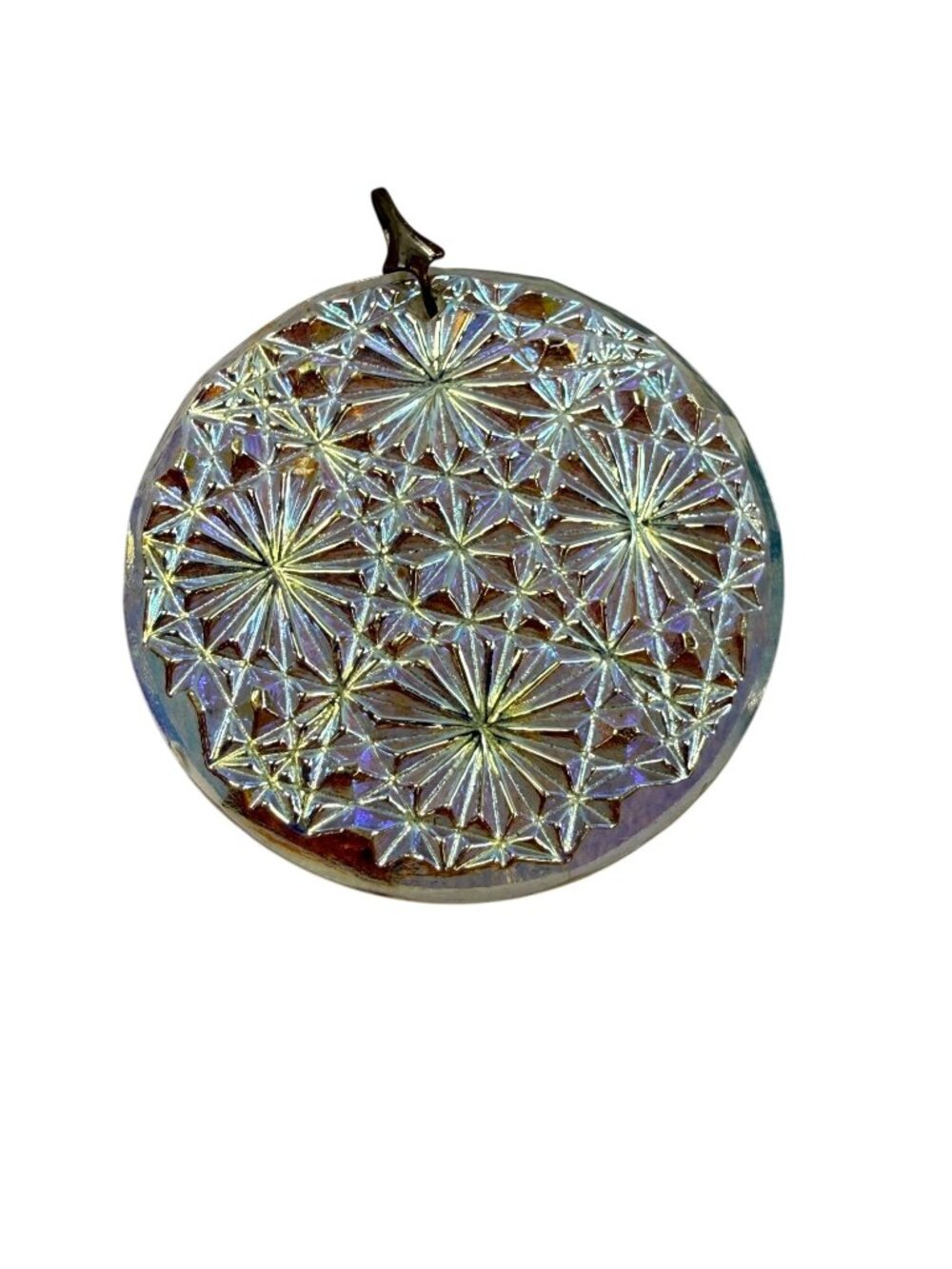 Iridescent Glass Pendant Geometric Starburst Pattern Round Disc Design Vintage